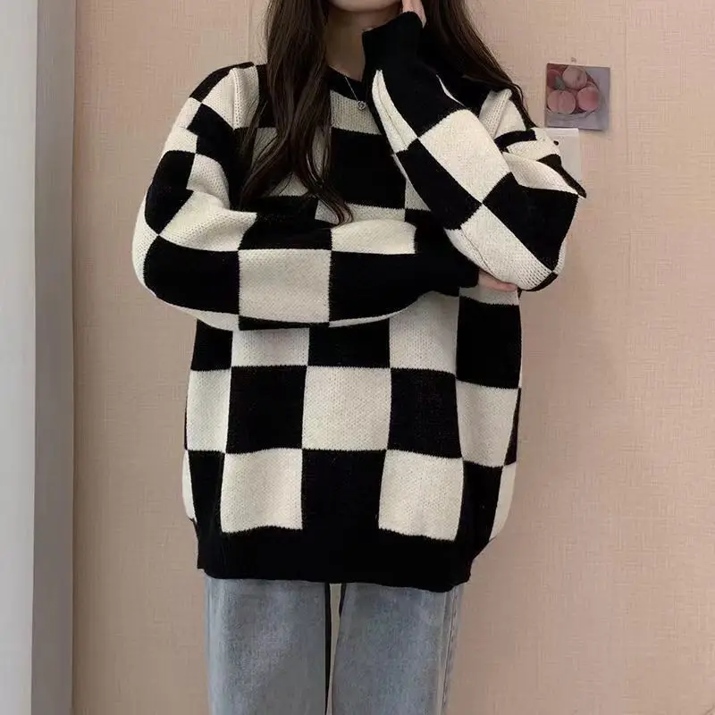 Autumn Winter Sweater Women Korean Fashion Plaid O-Neck Pullovers Streetwear Oversized Sweate Jumper Warm Long Sleeve Top