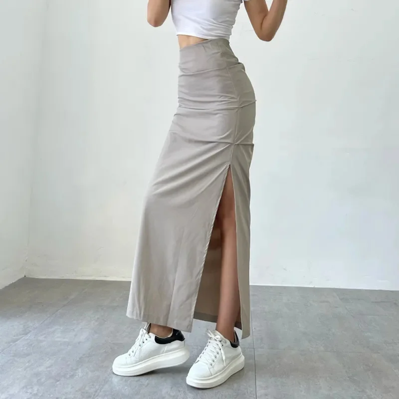 

American Retro High Waist Slim Fit Pleated Wrap Skirts with Side Split Women Summer Office Solid Pencil Midi Skirts Faldas