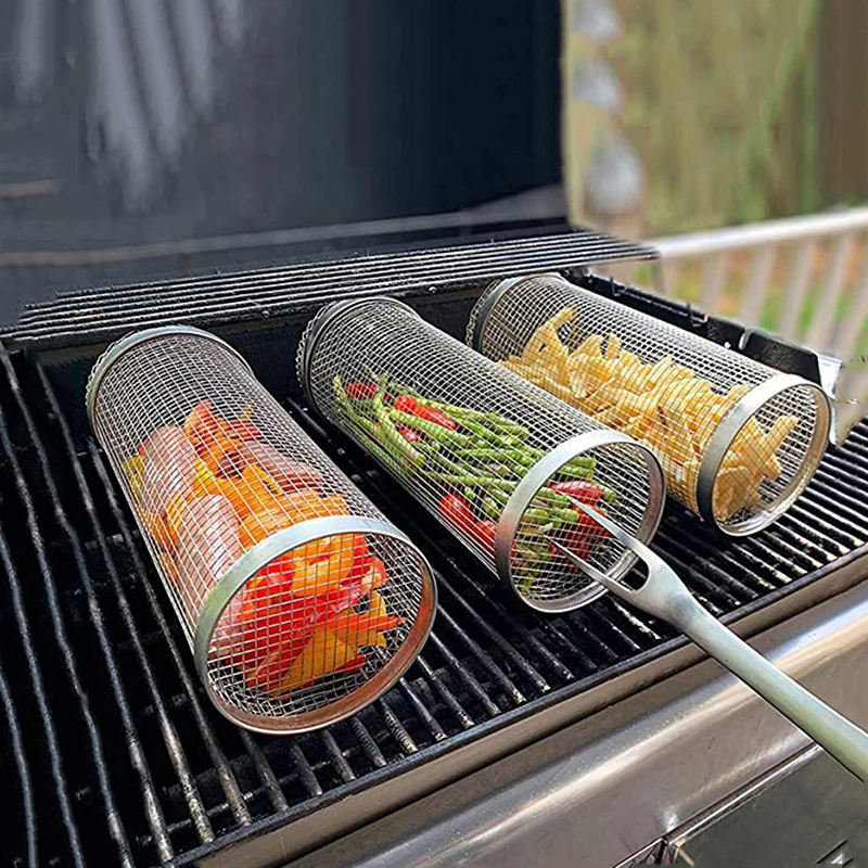 

Cylindrical Barbecue Basket Stainless Steel Grill Outdoor BBQ Suppiles Non Stick Kitchen Accessories With Hook And Fork