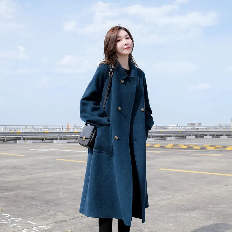 

3 Colors Double-faced Woolen Coat Fashion Double-breasted Warm Windbreaker Classic Cross Collar Winter Garment with Pocket