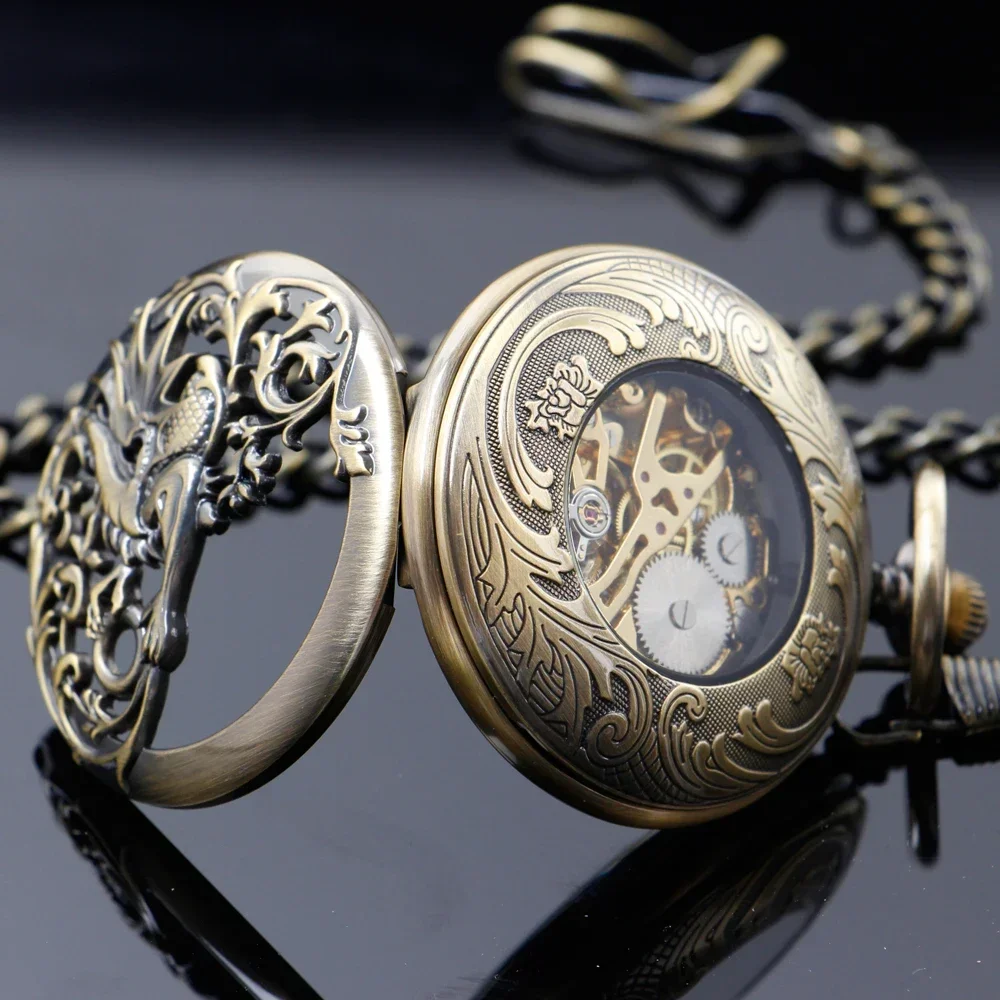 Винтажные механические карманные часы мужские со скелетом и цепочкой дракона с