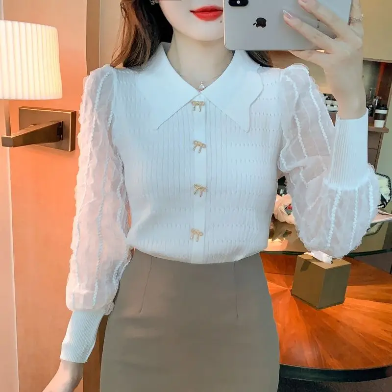 

Doll Collar Knitted Sweater Spring and Autumn 2022 New Design Sense Bow Mesh Stitching Fashion Top Women's Elegant Lady Black