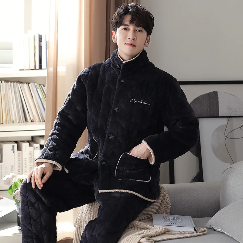 Winter New Three-layer Cotton Padded Pajamas Men's Warm Long Sleeved Cardigan Home Clothes Thickened Fashionable Casual High Col