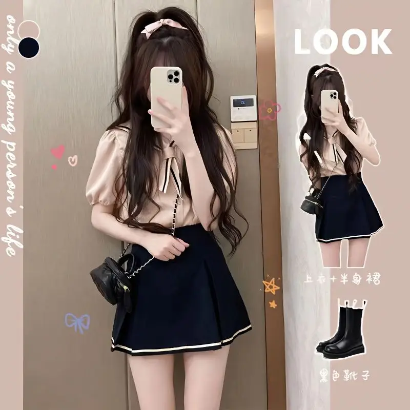 

Summer New JK Uniform Academy Style Navy Neck Bubble Sleeve Shirt High Waist Half Skirt Two Piece Set Women Dresses Vestidos
