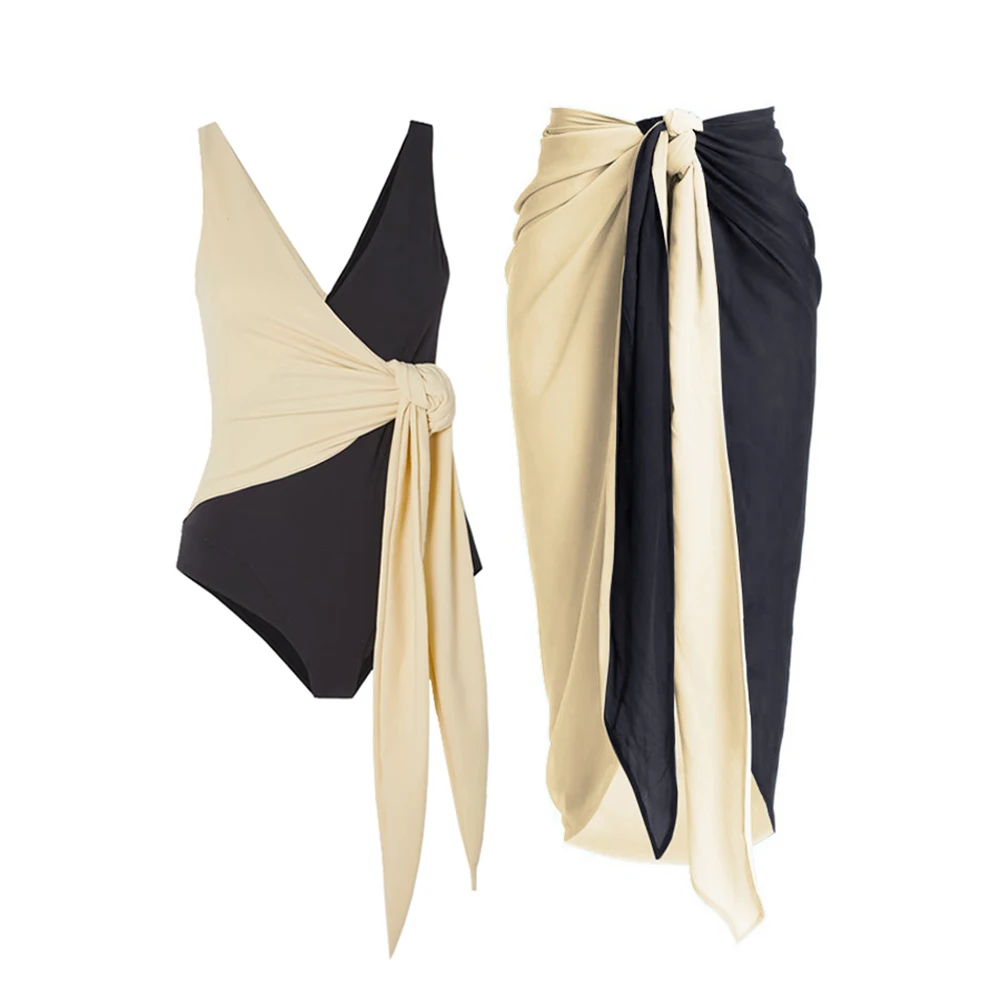 

Contrasting Black Beige Color Block Swimsuit Women 2023 Bikini Chic Split Lace-Up Adjustable Skirts Backless V-Neck Swimwear