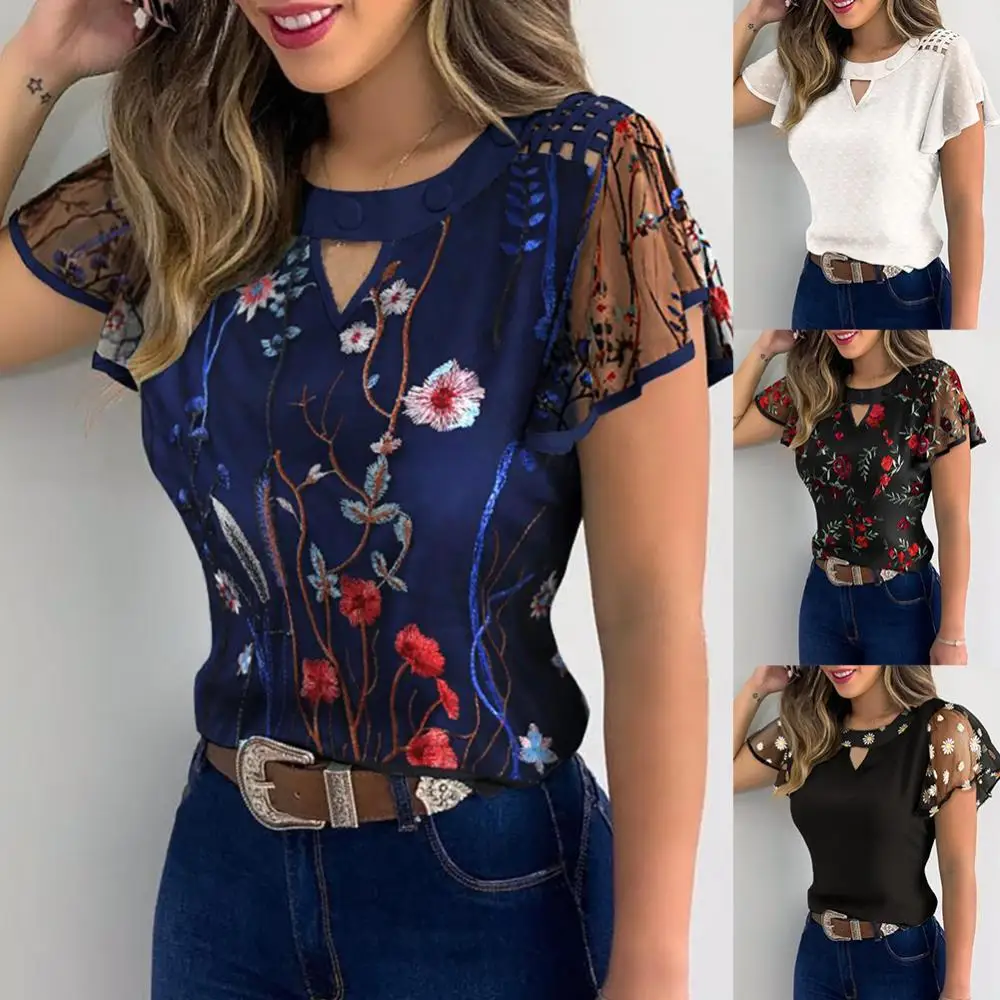 

Top Women T-shirt Top Hollow Out Ruffled Sleeve Marguerite Floral Embroidered Shirt T-shirt Top