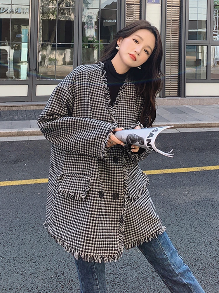 Изящная популярная верхняя одежда в стиле ретро с узором гусиные лапки женская