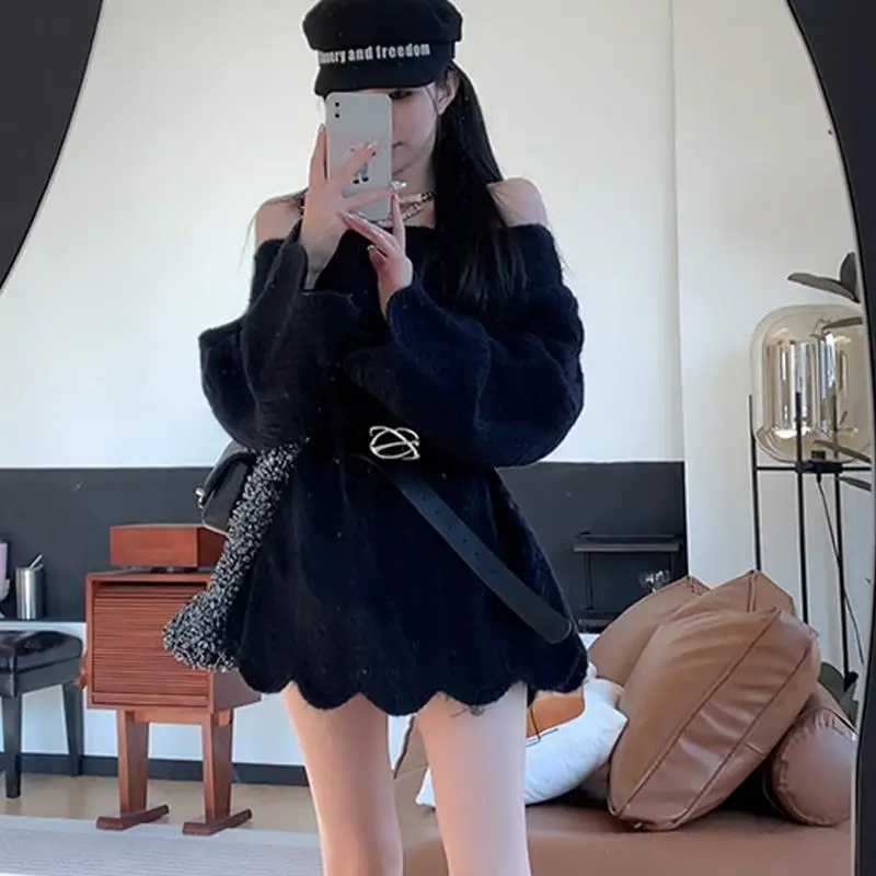 Dimanaf 2024 осень плюс сексуальные женские базовые свитера пуловер с поясом топы