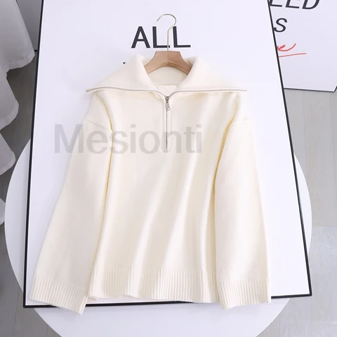 Женская водолазка на молнии, модные женские шерстяные свитера, однотонный свободный пуловер с длинным рукавом, повседневный вязаный свитер, женский джемпер