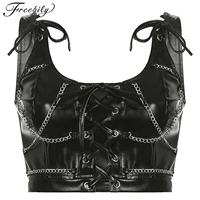 women gothic punk vest lace up pu crop top hollow out tank fashion metal chain camisole club party pole dancing costume clubwear