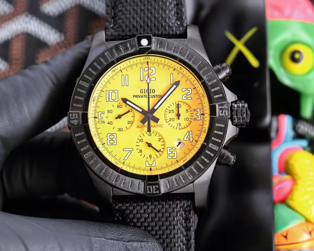 

Мужские кварцевые часы-хронограф, резиновый Секундомер с желтым циферблатом, черный холст, нержавеющая сталь, светящийся Сапфир, 43 мм