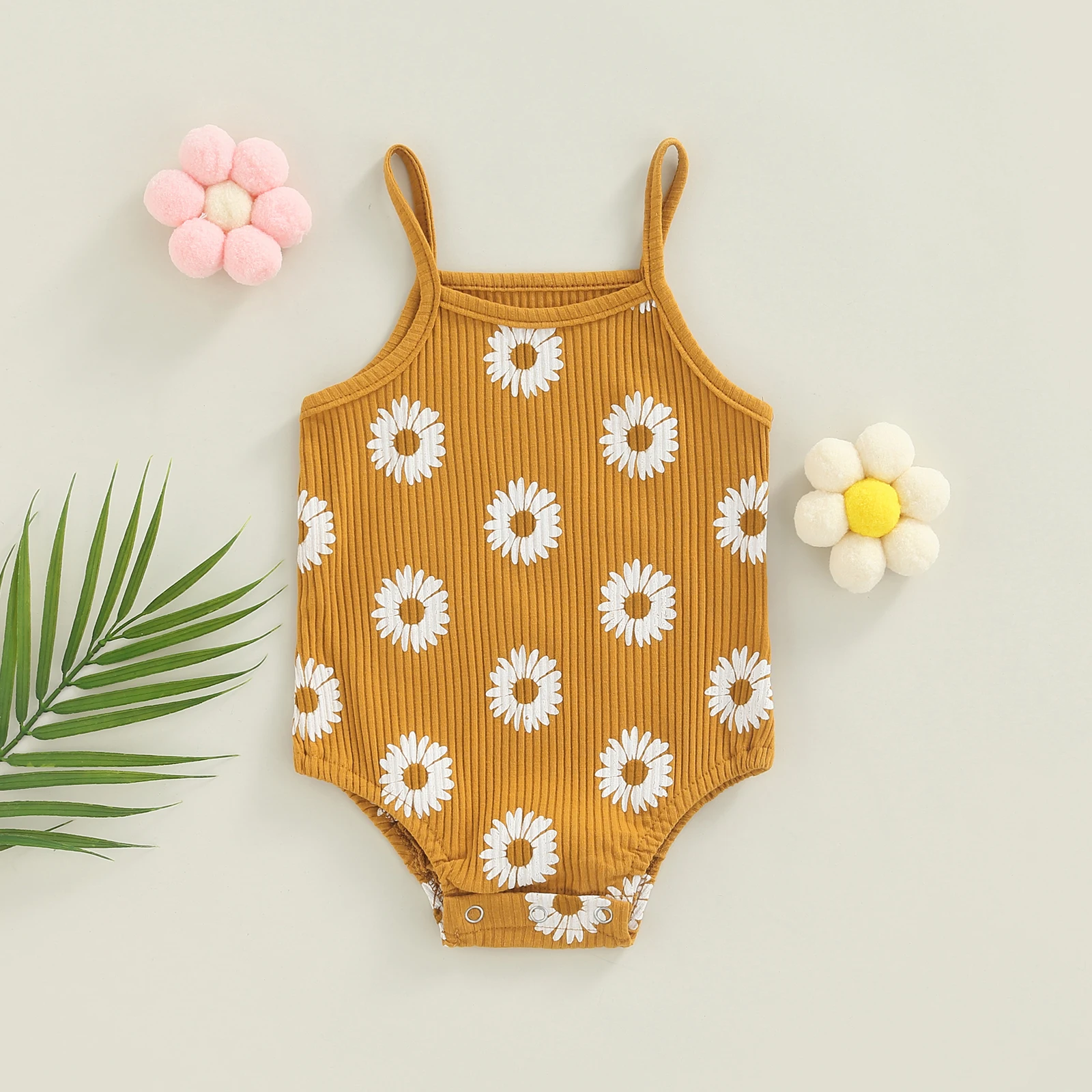 

Newborn Baby Summer Romper Sleeveless Spaghetti Strap Daisy Print Bodysuit