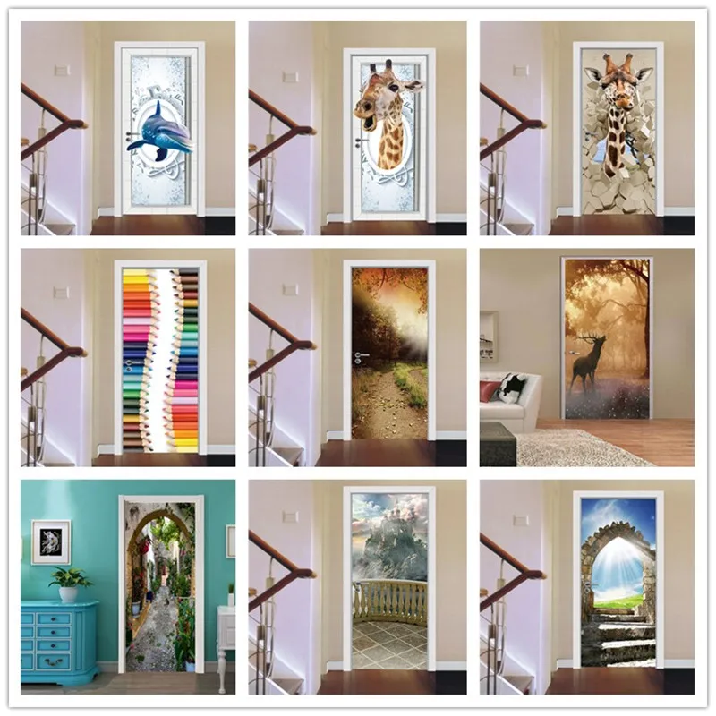

Broken Wall Animals Door Sticker 3D Imitation Peel And Stick Wallpaper Home Renovation Decor Decal Living Room Corridor Kid Room