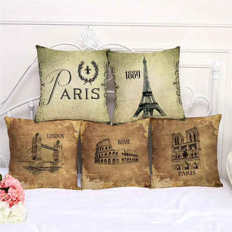 

Throw Pillow Cases Ancient Building Poster Eiffel Tower Cushion Cover 45x45 Home Living Room Decoration Linen/Cotton Pillowcover