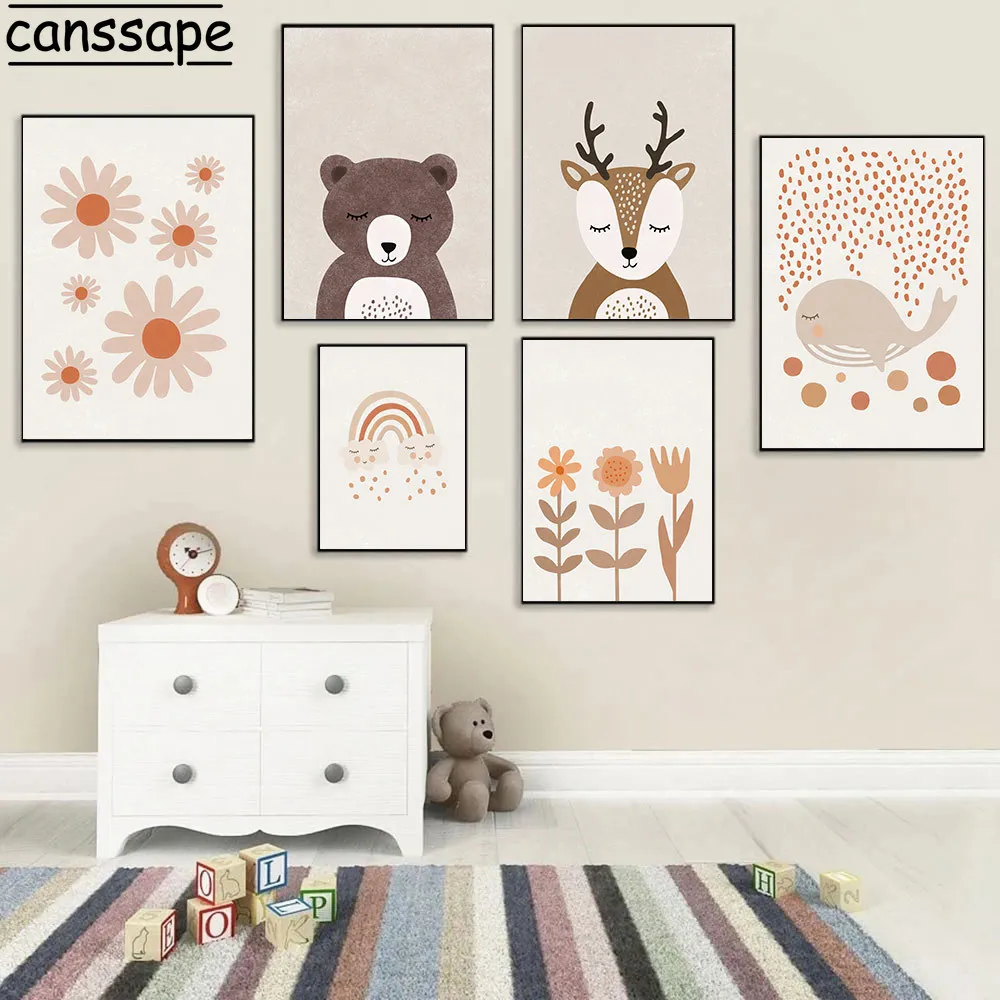 

Постеры для детской комнаты, постер на холсте в стиле бохо, Настенная картина с цветами, оленем, медведем, Китом, художественные принты, раду...