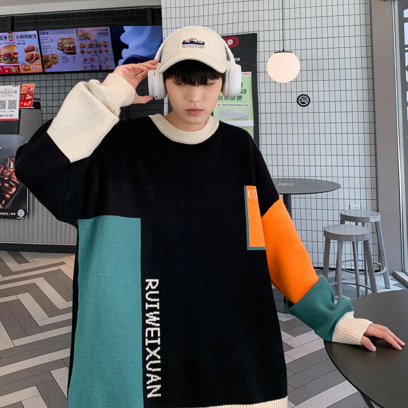 

2022 New Vintage Sweater Men's Autumn Designer Unisex Contrast Color Party Fashion Top Stitching Oversize Knitted Pullover Black