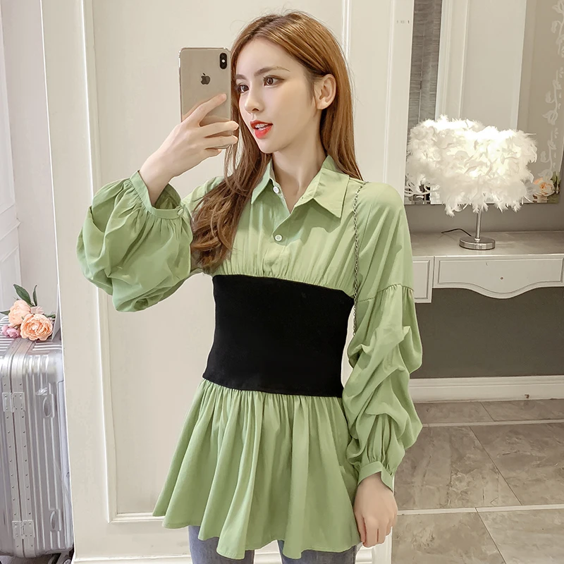 

Fashion Women Peplum Tops Lantern Sleeve Ruffles Blouses Woman Fake Two Piece One Woman Shirts Tops