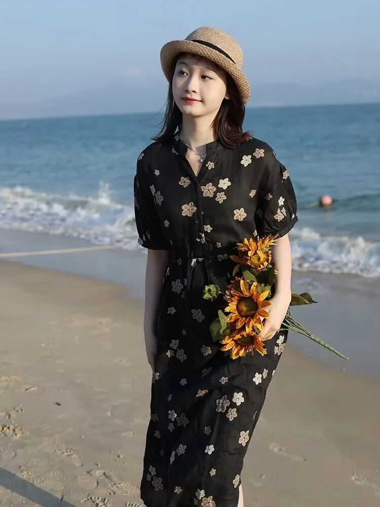 Платье женское хлопково-льняное с цветочным принтом свободное ТРАПЕЦИЕВИДНОЕ