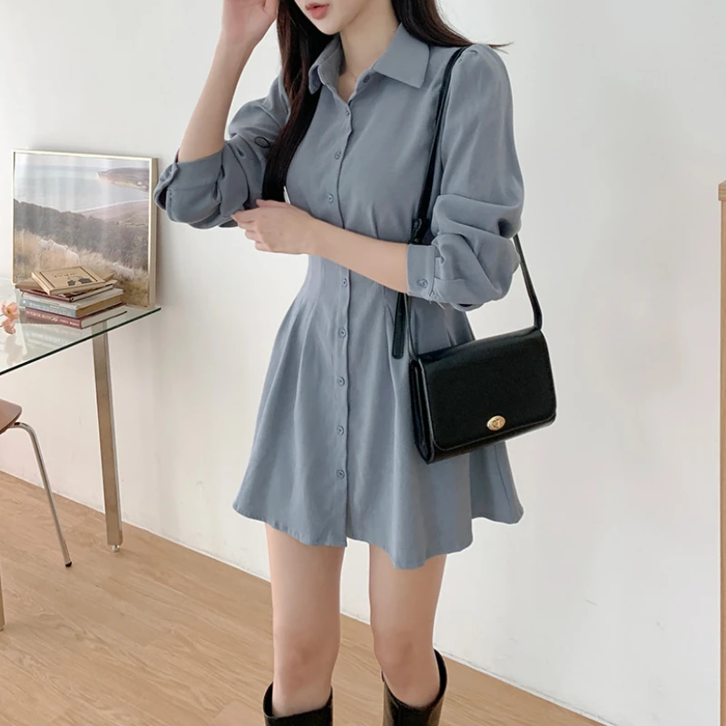 OCEANLOVE Women Dresses Single Breasted Solid Spring Summer Puff Sleeve Elegant Mini Dress Korean Sweet Vestidos De Mujer