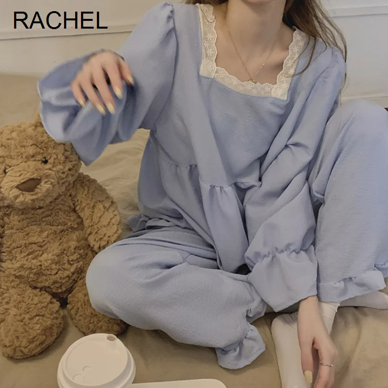 

Кружевной пижамный комплект в стиле принцессы с квадратным вырезом новинка осень 2021 Милая домашняя одежда для отдыха с длинным рукавом жен...