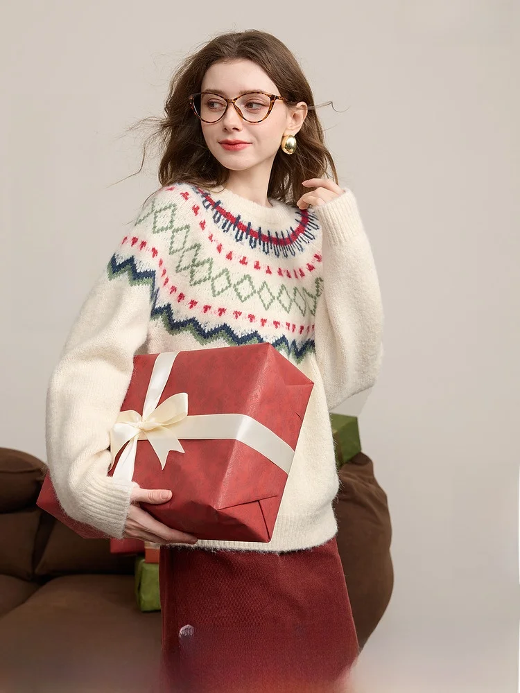 Триколор 2024 новый зимний свитер Fairisland жаккардовый вязаный с круглым вырезом в