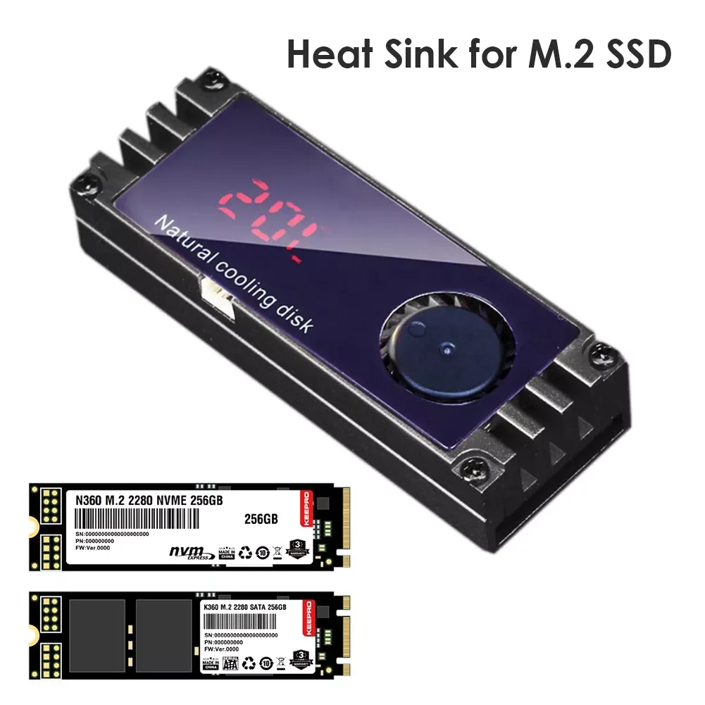 M.2 SSD Heatsink Cooler Digital Temperature Display with Turbo Cooling Fan for 2280 22110 NVMe M2 Solid State Drive