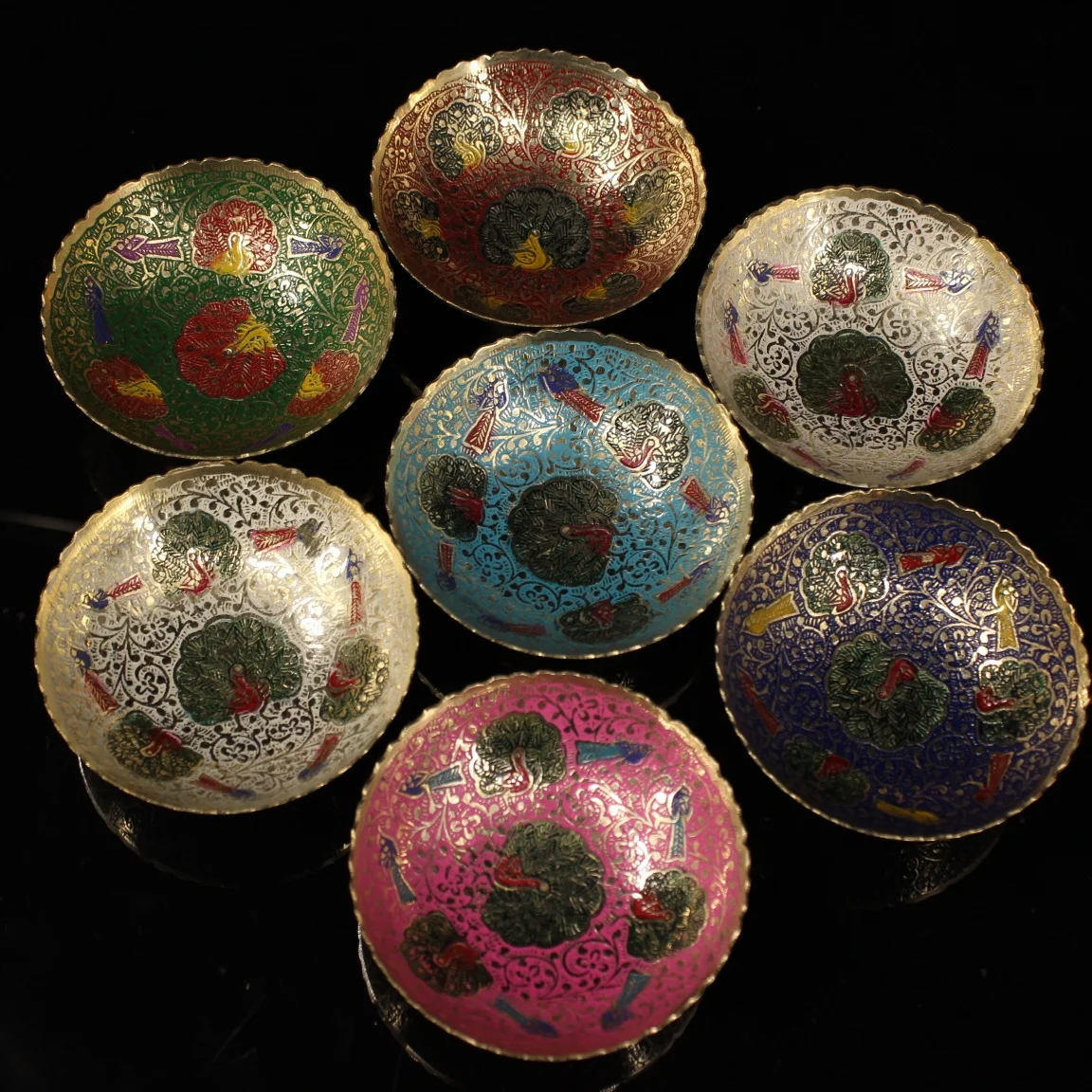 

4" Nepal Collection Bronze painted Phoenix Flower water purification bowl offering bowl seven colors worship Buddhist utensils