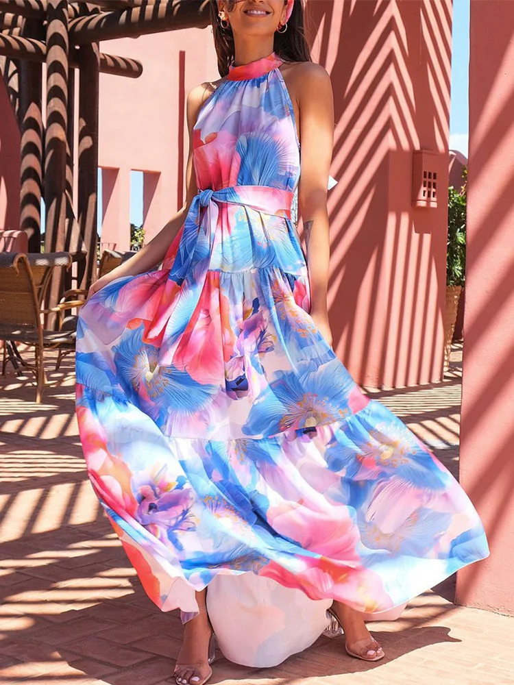 

Fashion Lace Up Floral Print Boho Dress Elegant Holiday Pleated Party Long Dress Women Halter Neck Sleeveless Loose Beach Dress