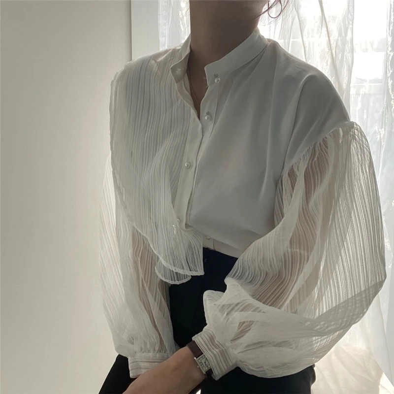 Элегантные белые рубашки MEXZT женские винтажные сетчатые Лоскутные однотонные
