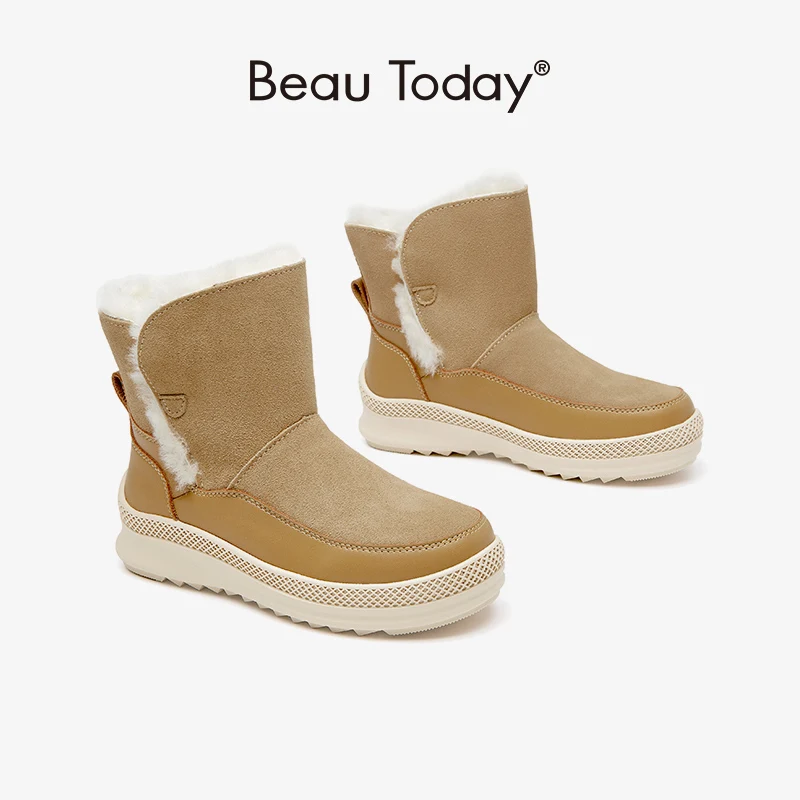 

BeauToday/женские зимние ботинки с круглым носком, из шерсти, с мехом, из коровьей замши, до щиколотки, на массивной подошве, без шнуровки, Повседневная теплая зимняя женская обувь ручной работы, 08040