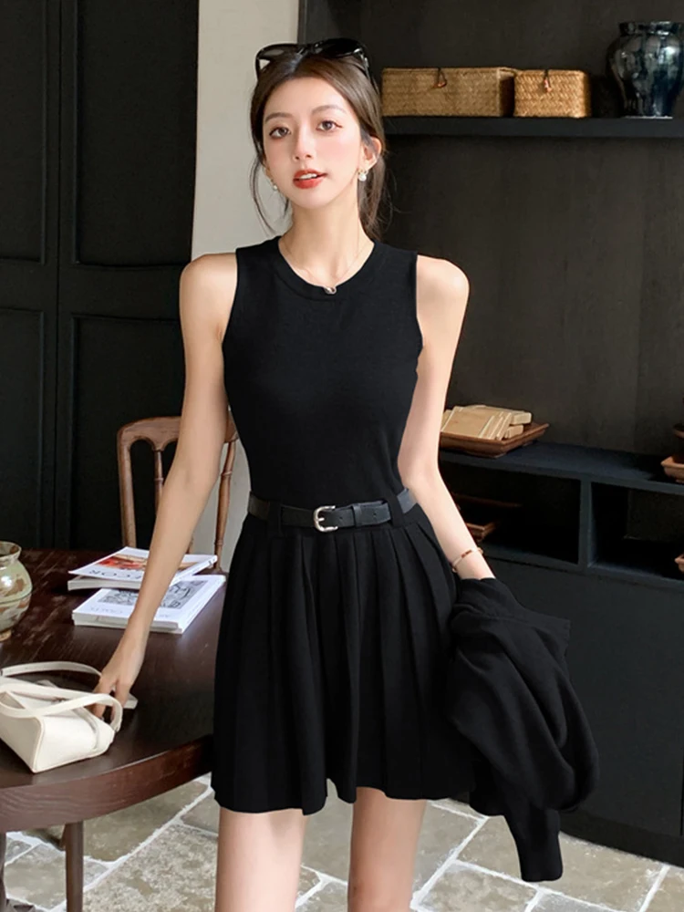 Повседневный стиль вязаная одежда из двух предметов женская черный серый жилет