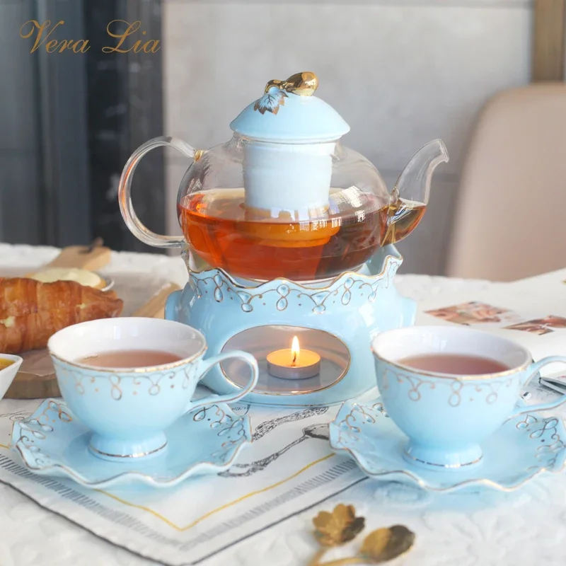 

6PCS European Style Fruit Flower Tea Cup Household Ceramic Candle Heating Glass Flower Teapot English Afternoon Tea Tea Set