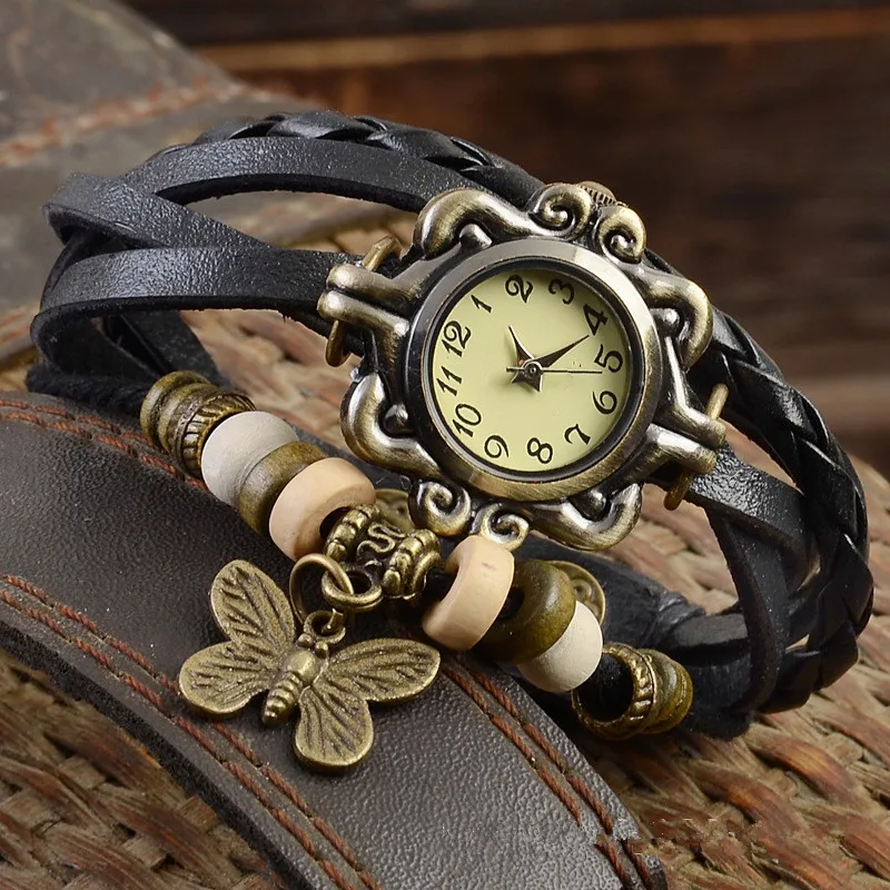 

XIAOMI 2022 Women Casual Vintage Multilayer Butterfly Faux Leather Bracelet Ladies Wrist Watch Handmade Braided Dreamcatche