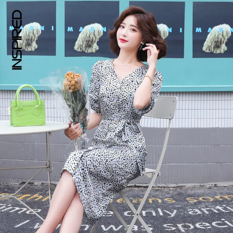 

Женское шифоновое платье с цветочным принтом, облегающее платье средней длины с рукавами-фонариками и V-образным вырезом, лето 2023