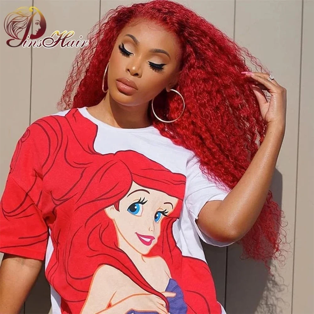 Hot Red Kinky Straight 13x4 Lace Frontal Wigs Human Hair Wig Pre Plucked Brazilian Deep Curly Wave Lace Front Wig with Baby Hair