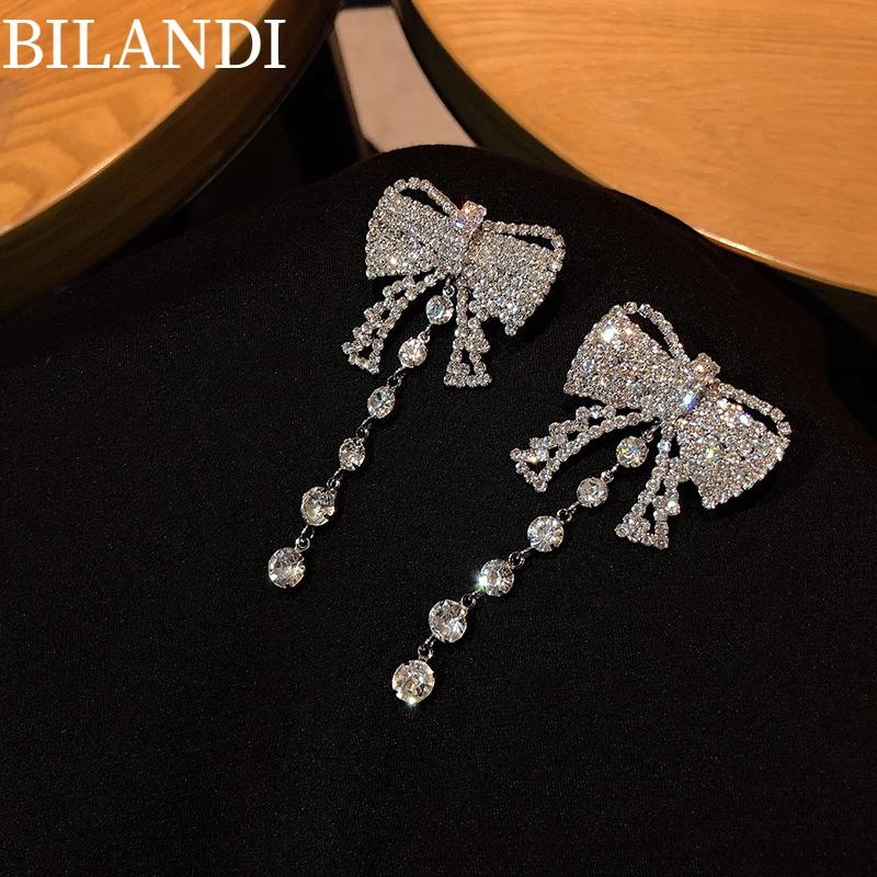 

Bilandi 925 Silver Needle Delicate Jewelry Bow Earrings Pretty Design Sweet Temperament Crystal Drop Earrings For Girl Gifts
