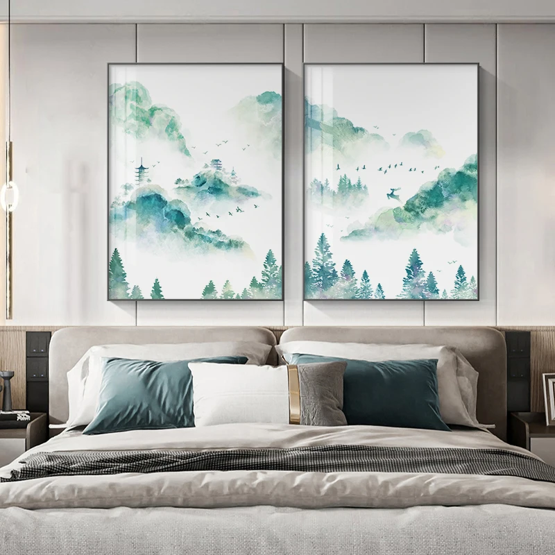 

Традиционная китайская живопись, зеленые горы, холст, художественные плакаты, печатный пейзаж, домашний декор, картины для гостиной, спальни