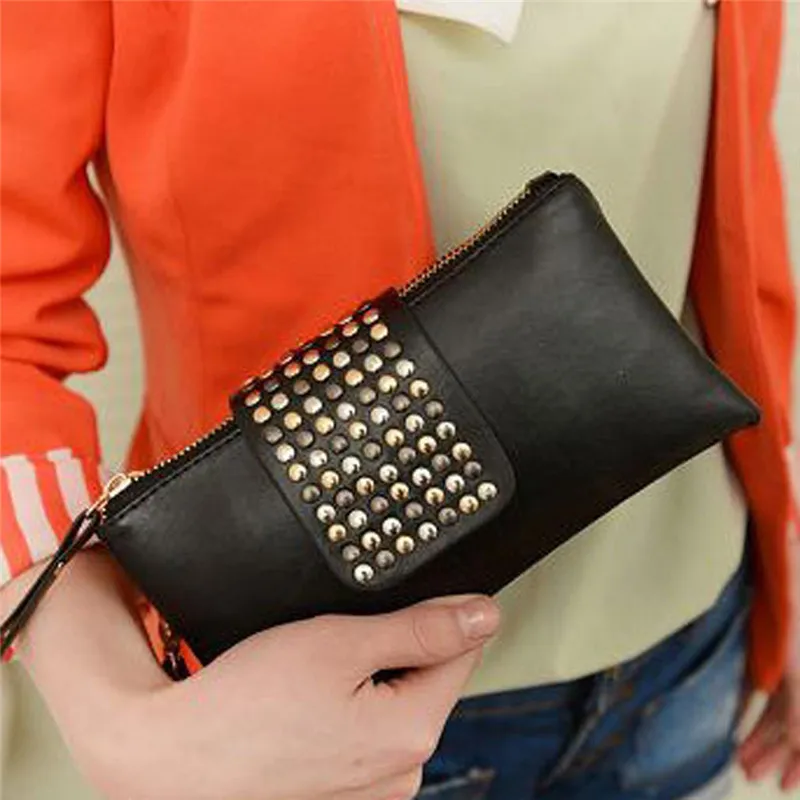 

Women's Clutch Bag Studded Black PU Soft Leather Mid-length Fashion Ladies Dinner With Double Zip Wallet