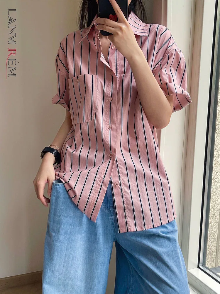 

LANMREM Korean Style Lapel Striped Short Sleeve Shirt Loose Thin Casual Top Women 2022 Summer New Top Fashion Clothing 2R2177