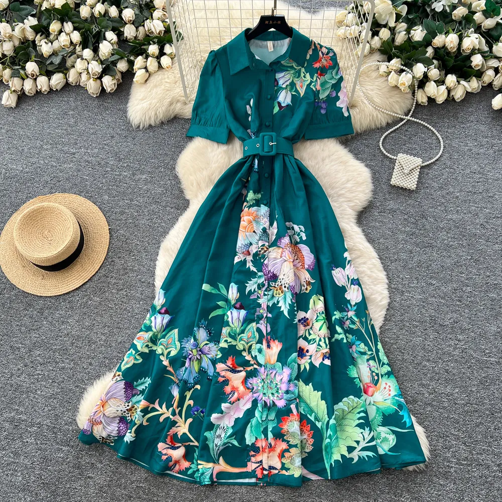 Фото ALPHALMODA 2026, Весна, Лето, Новинка, Французский пасторальный стиль, Платье с принтом, Женское, с отложным воротником, с коротким рукавом, с поясом, Платье №2