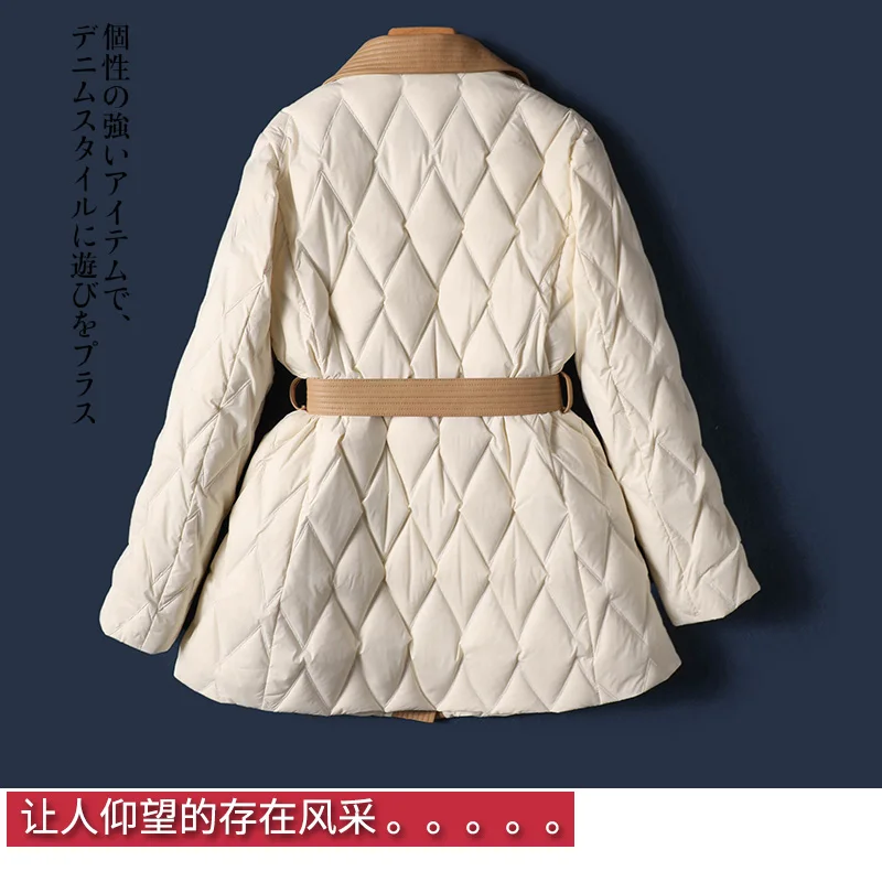 Fashion Design New 90%  White Goose Down  Winter Coat Women Patchwork Sheepskin Casaco Feminino  Luxury  Covered Button Thin