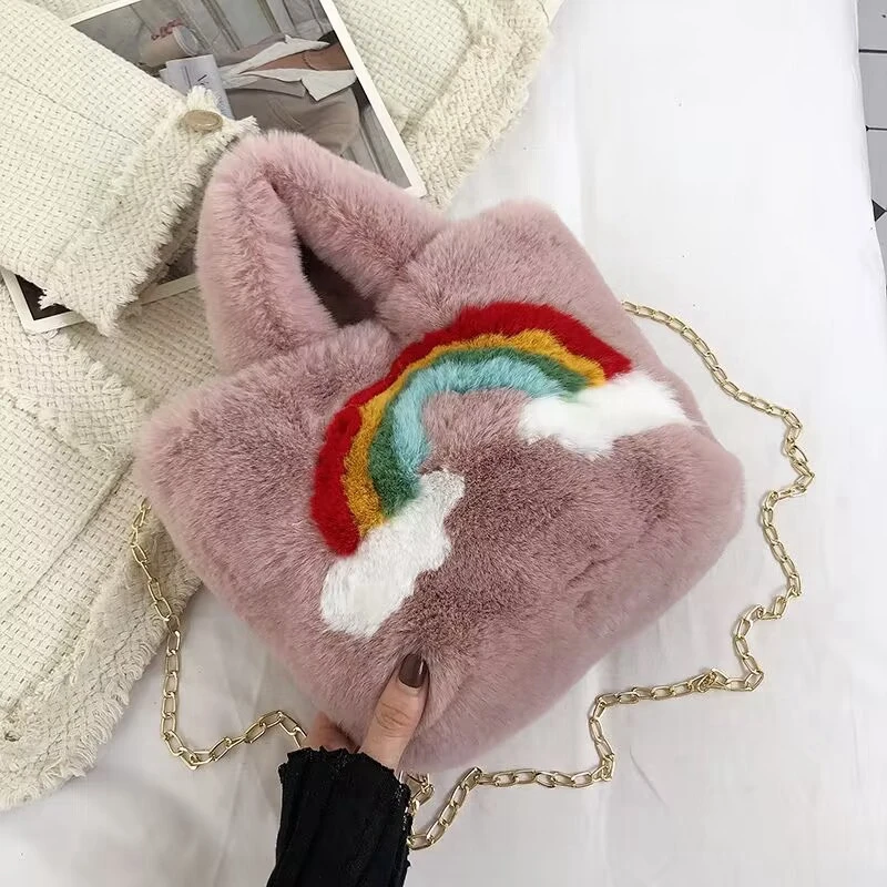 Fashion plush tote bag for Women Soft Warm Fluffy Ladies Chain Shoulder Crossbody Bag Travel Street Shopping Handbags