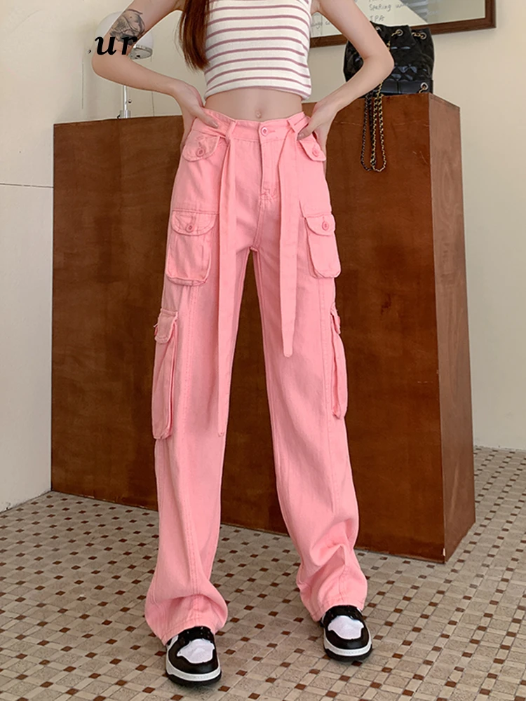 

Y2K Hiphop Overalls Women's Jeans Autumn Loose Multi-Pockets High Street Wide-Leg Cargo Pants Women Pink Khaki Jeans S-XL