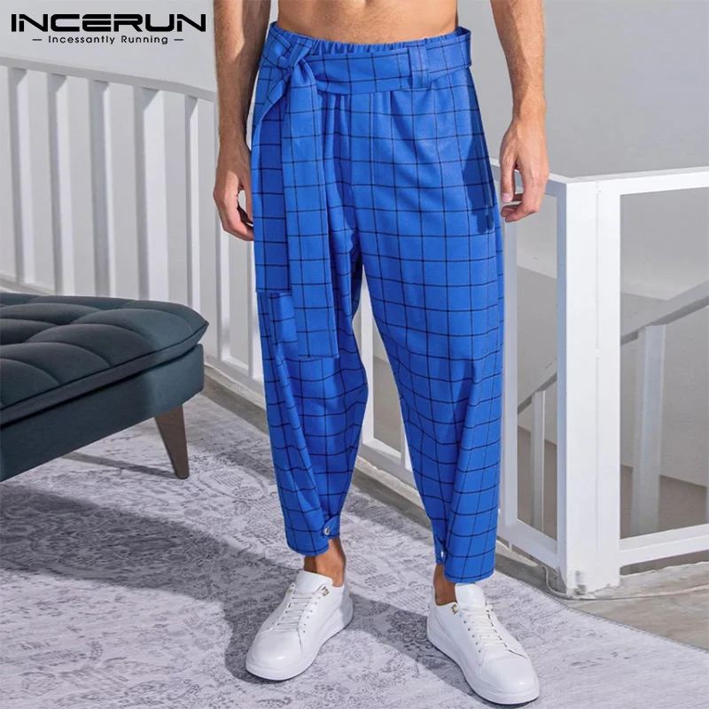 

INCERUN Men Plaid Pants Lace Up Pockets Loose 2022 Streetwear Joggers Casual Trousers Men Fashion Leisure Pantalon Plus Size 5XL