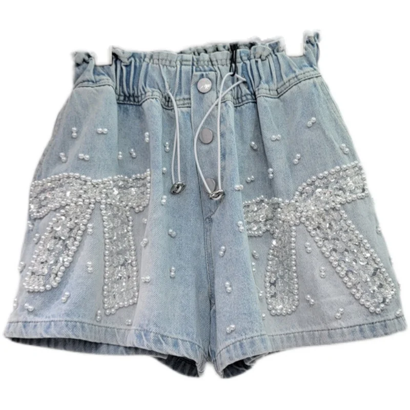 European Station 2023 Summer New Heavy Handmade Beaded Bowknot High Waist Loose Short Jeans Slimming Wide-Leg Denim Shorts