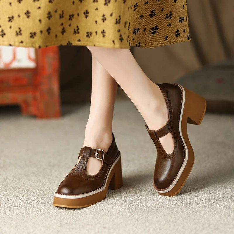 NEW Spring Women Shoes Round Toe Chunky Heel Mary Janes Split Leather Platform Shoes for Women Fashion Solid High Heels Women