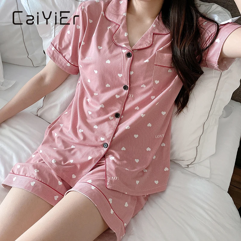 

CAIYIER Lovely Peach Heart Pyjamas Women Clothing Sets Summer Leisure Nightwear For Girls Short Sleeve Shorts Sleepwear Homewear