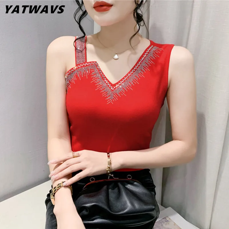 

M-3XL New 2023 Summer Women Sleeveless Tops Fashion Sexy V-Neck Shiny Hot Diamonds Cotton Vest T-Shirt Female Off Shoulder Tees