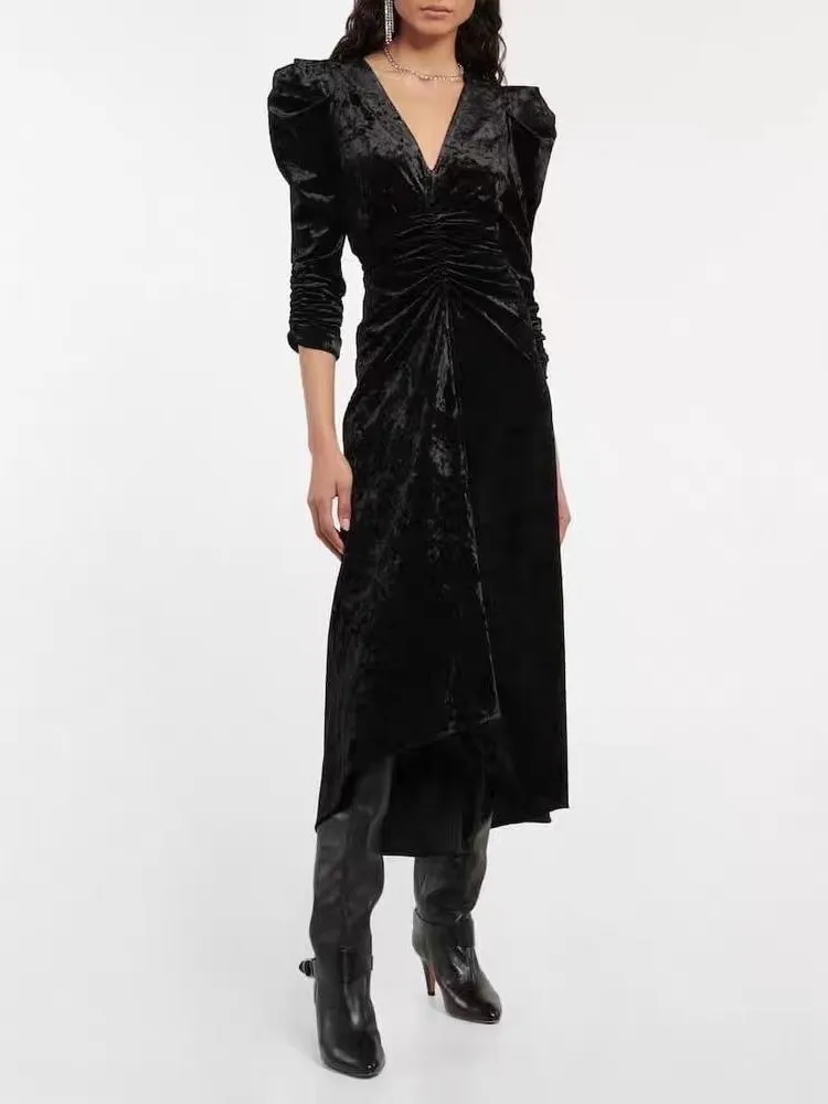 

Женское бархатное платье с высокой талией, черное плиссированное платье миди с глубоким V-образным вырезом и длинным рукавом