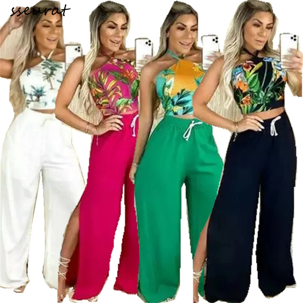 

SSEURAT Women Casual Floral Print Halter Lace Up Crop Tops High Waist Wide Leg Pants Two Piece Set 2022 Summer Vacation Sets
